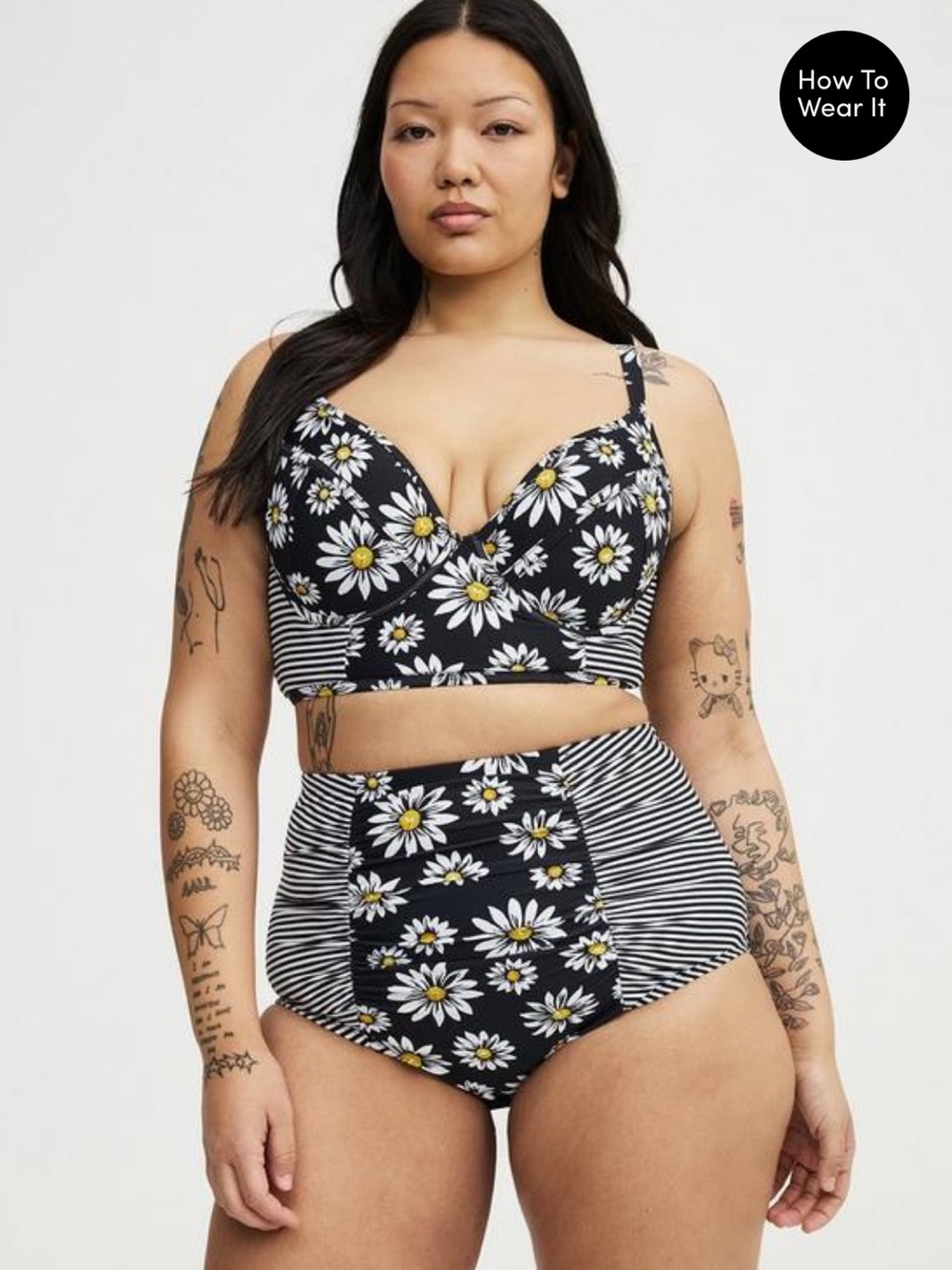 NWT TORRID High-Waist Daisy Print Top and Bottom SwimSet - Black/White/Yellow